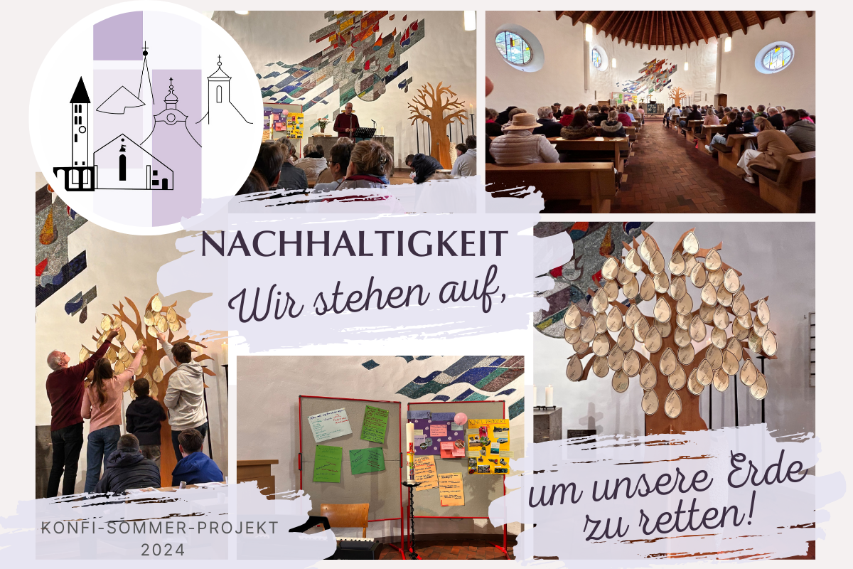 Gemeinde in der Himmelfahrtskirche, Senfkornbaum und Metaplanwand mit den Ideen der Konfis